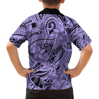 Kid Hawaiian shirt back view in violet and black with tribal scrolls and floral print