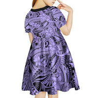 Polynesia Kid Short Sleeve Dress Tribal Polynesian Spirit With Violet Pacific Flowers - Wonder Print Shop