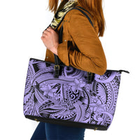 Polynesia Leather Tote Bag Tribal Polynesian Spirit With Violet Pacific Flowers - Wonder Print Shop
