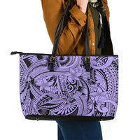 Polynesia Leather Tote Bag Tribal Polynesian Spirit With Violet Pacific Flowers - Wonder Print Shop
