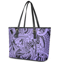Polynesia Leather Tote Bag Tribal Polynesian Spirit With Violet Pacific Flowers - Wonder Print Shop
