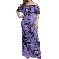 Polynesia Off Shoulder Maxi Dress Tribal Polynesian Spirit With Violet Pacific Flowers - Wonder Print Shop