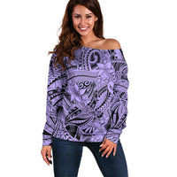 Polynesia Off Shoulder Sweater Tribal Polynesian Spirit With Violet Pacific Flowers - Wonder Print Shop