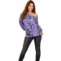 Polynesia Off Shoulder Sweater Tribal Polynesian Spirit With Violet Pacific Flowers - Wonder Print Shop