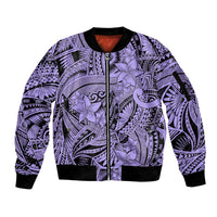 Polynesia Sleeve Zip Bomber Jacket Tribal Polynesian Spirit With Violet Pacific Flowers - Wonder Print Shop