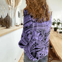 Polynesia Women Casual Shirt Tribal Polynesian Spirit With Violet Pacific Flowers - Wonder Print Shop