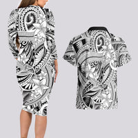 Polynesia Couples Matching Long Sleeve Bodycon Dress and Hawaiian Shirt Tribal Polynesian Spirit With White Pacific Flowers LT9 - Wonder Print Shop
