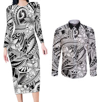 Polynesia Couples Matching Long Sleeve Bodycon Dress and Long Sleeve Button Shirt Tribal Polynesian Spirit With White Pacific Flowers LT9 - Wonder Print Shop