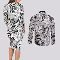 Polynesia Couples Matching Long Sleeve Bodycon Dress and Long Sleeve Button Shirt Tribal Polynesian Spirit With White Pacific Flowers LT9 - Wonder Print Shop