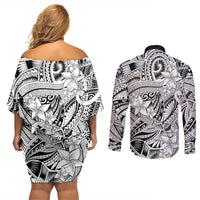 Polynesia Couples Matching Off Shoulder Short Dress and Long Sleeve Button Shirt Tribal Polynesian Spirit With White Pacific Flowers LT9 - Wonder Print Shop