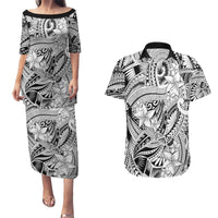 Polynesia Couples Matching Puletasi Dress and Hawaiian Shirt Tribal Polynesian Spirit With White Pacific Flowers LT9 - Wonder Print Shop