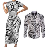 Polynesia Couples Matching Short Sleeve Bodycon Dress and Long Sleeve Button Shirt Tribal Polynesian Spirit With White Pacific Flowers LT9 - Wonder Print Shop