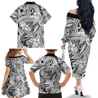 Polynesia Family Matching Off Shoulder Long Sleeve Dress and Hawaiian Shirt Tribal Polynesian Spirit With White Pacific Flowers - Wonder Print Shop