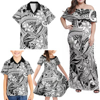 Polynesia Family Matching Off Shoulder Maxi Dress and Hawaiian Shirt Tribal Polynesian Spirit With White Pacific Flowers LT9 - Wonder Print Shop