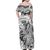 Polynesia Family Matching Off Shoulder Maxi Dress and Hawaiian Shirt Tribal Polynesian Spirit With White Pacific Flowers LT9 - Wonder Print Shop