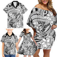 Polynesia Family Matching Off Shoulder Short Dress and Hawaiian Shirt Tribal Polynesian Spirit With White Pacific Flowers LT9 - Wonder Print Shop