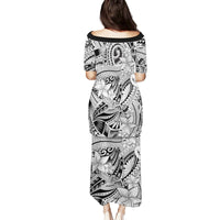 Polynesia Family Matching Puletasi Dress and Hawaiian Shirt Tribal Polynesian Spirit With White Pacific Flowers - Wonder Print Shop