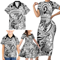 Polynesia Family Matching Short Sleeve Bodycon Dress and Hawaiian Shirt Tribal Polynesian Spirit With White Pacific Flowers - Wonder Print Shop