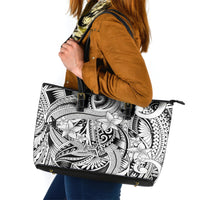 Polynesia Leather Tote Bag Tribal Polynesian Spirit With White Pacific Flowers - Wonder Print Shop