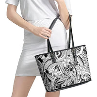 Polynesia Leather Tote Bag Tribal Polynesian Spirit With White Pacific Flowers - Wonder Print Shop