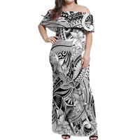 Polynesia Off Shoulder Maxi Dress Tribal Polynesian Spirit With White Pacific Flowers - Wonder Print Shop