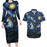 Yule Goat Starry Night Couples Matching Long Sleeve Bodycon Dress and Hawaiian Shirt LT9 - Wonder Print Shop
