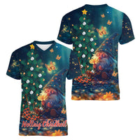 Nollaig Chridheil Scottish Gnome Women V-Neck T-Shirt Bagpies Musical and Chirstmas Tree - Wonder Print Shop