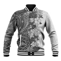 Polynesia Baseball Jacket Hibiscus and Hawaiian Tribal Tattoo Retro Style Gray Color LT9 - Wonder Print Shop
