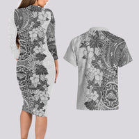 Polynesia Couples Matching Long Sleeve Bodycon Dress and Hawaiian Shirt Hibiscus and Hawaiian Tribal Tattoo Retro Style Gray Color LT9 - Wonder Print Shop