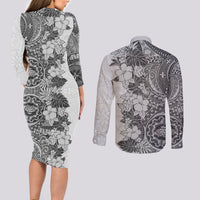 Polynesia Couples Matching Long Sleeve Bodycon Dress and Long Sleeve Button Shirt Hibiscus and Hawaiian Tribal Tattoo Retro Style Gray Color LT9 - Wonder Print Shop