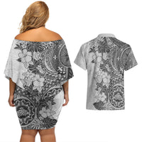 Polynesia Couples Matching Off Shoulder Short Dress and Hawaiian Shirt Hibiscus and Hawaiian Tribal Tattoo Retro Style Gray Color LT9 - Wonder Print Shop