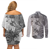 Polynesia Couples Matching Off Shoulder Short Dress and Long Sleeve Button Shirt Hibiscus and Hawaiian Tribal Tattoo Retro Style Gray Color LT9 - Wonder Print Shop