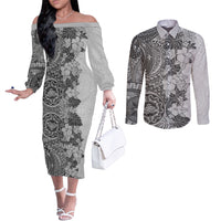 polynesia-couples-matching-off-the-shoulder-long-sleeve-dress-and-long-sleeve-button-shirt-hibiscus-and-hawaiian-tribal-tattoo-retro-style-gray-color