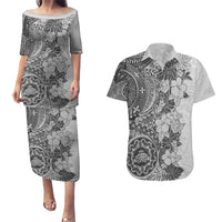Polynesia Couples Matching Puletasi Dress and Hawaiian Shirt Hibiscus and Hawaiian Tribal Tattoo Retro Style Gray Color LT9 - Wonder Print Shop