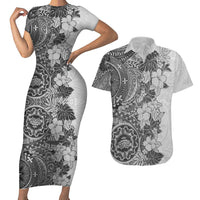 Polynesia Couples Matching Short Sleeve Bodycon Dress and Hawaiian Shirt Hibiscus and Hawaiian Tribal Tattoo Retro Style Gray Color LT9 - Wonder Print Shop