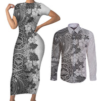 Polynesia Couples Matching Short Sleeve Bodycon Dress and Long Sleeve Button Shirt Hibiscus and Hawaiian Tribal Tattoo Retro Style Gray Color LT9 - Wonder Print Shop