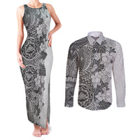 Polynesia Couples Matching Tank Maxi Dress and Long Sleeve Button Shirt Hibiscus and Hawaiian Tribal Tattoo Retro Style Gray Color LT9 - Wonder Print Shop