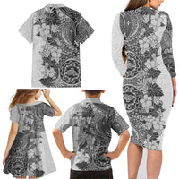 Polynesia Family Matching Long Sleeve Bodycon Dress and Hawaiian Shirt Hibiscus and Hawaiian Tribal Tattoo Retro Style Gray Color LT9 - Wonder Print Shop