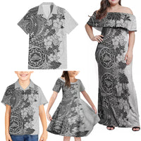 Polynesia Family Matching Off Shoulder Maxi Dress and Hawaiian Shirt Hibiscus and Hawaiian Tribal Tattoo Retro Style Gray Color LT9 - Wonder Print Shop