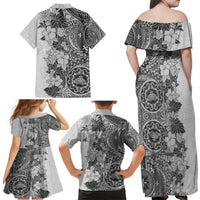 Polynesia Family Matching Off Shoulder Maxi Dress and Hawaiian Shirt Hibiscus and Hawaiian Tribal Tattoo Retro Style Gray Color LT9 - Wonder Print Shop