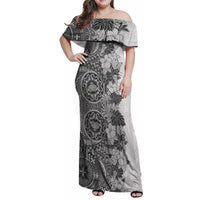 Polynesia Family Matching Off Shoulder Maxi Dress and Hawaiian Shirt Hibiscus and Hawaiian Tribal Tattoo Retro Style Gray Color LT9 - Wonder Print Shop