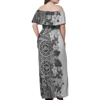 Polynesia Family Matching Off Shoulder Maxi Dress and Hawaiian Shirt Hibiscus and Hawaiian Tribal Tattoo Retro Style Gray Color LT9 - Wonder Print Shop