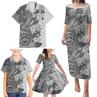 Polynesia Family Matching Puletasi Dress and Hawaiian Shirt Hibiscus and Hawaiian Tribal Tattoo Retro Style Gray Color - Wonder Print Shop