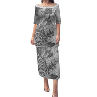 Polynesia Family Matching Puletasi Dress and Hawaiian Shirt Hibiscus and Hawaiian Tribal Tattoo Retro Style Gray Color - Wonder Print Shop