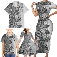 Polynesia Family Matching Short Sleeve Bodycon Dress and Hawaiian Shirt Hibiscus and Hawaiian Tribal Tattoo Retro Style Gray Color - Wonder Print Shop