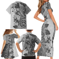 Polynesia Family Matching Short Sleeve Bodycon Dress and Hawaiian Shirt Hibiscus and Hawaiian Tribal Tattoo Retro Style Gray Color - Wonder Print Shop