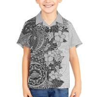 Polynesia Family Matching Short Sleeve Bodycon Dress and Hawaiian Shirt Hibiscus and Hawaiian Tribal Tattoo Retro Style Gray Color - Wonder Print Shop