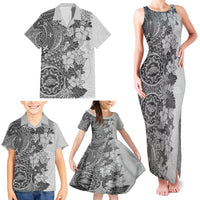 Polynesia Family Matching Tank Maxi Dress and Hawaiian Shirt Hibiscus and Hawaiian Tribal Tattoo Retro Style Gray Color - Wonder Print Shop