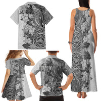 Polynesia Family Matching Tank Maxi Dress and Hawaiian Shirt Hibiscus and Hawaiian Tribal Tattoo Retro Style Gray Color - Wonder Print Shop