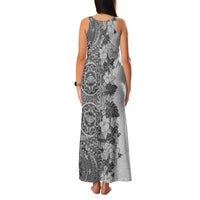 Polynesia Family Matching Tank Maxi Dress and Hawaiian Shirt Hibiscus and Hawaiian Tribal Tattoo Retro Style Gray Color - Wonder Print Shop